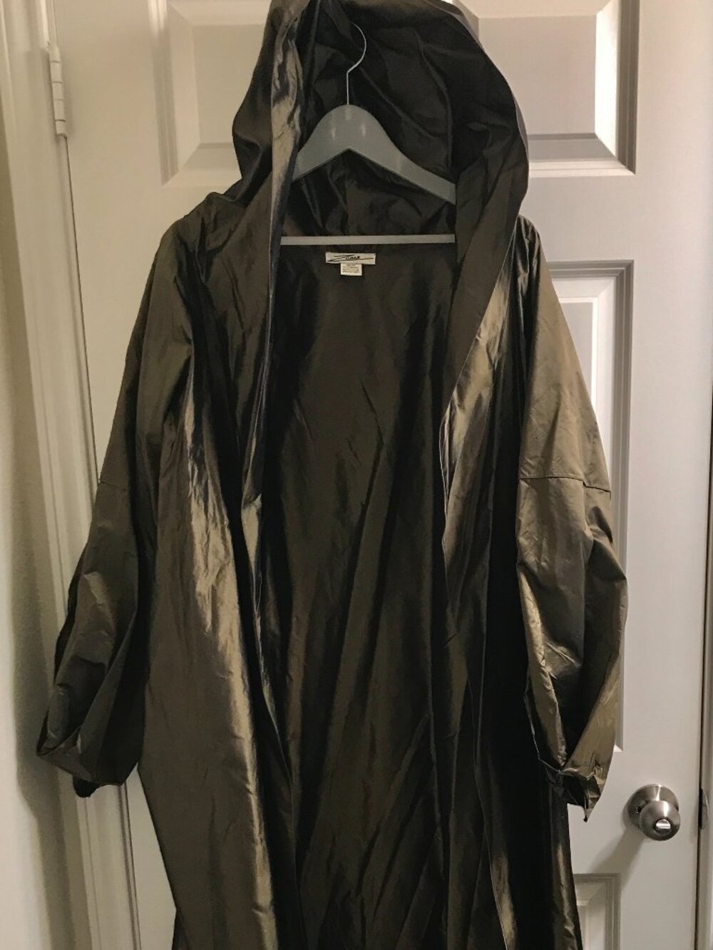 Full Length Dress Windbreaker Glowing Olive Green Satin 100% Silk by Zoran